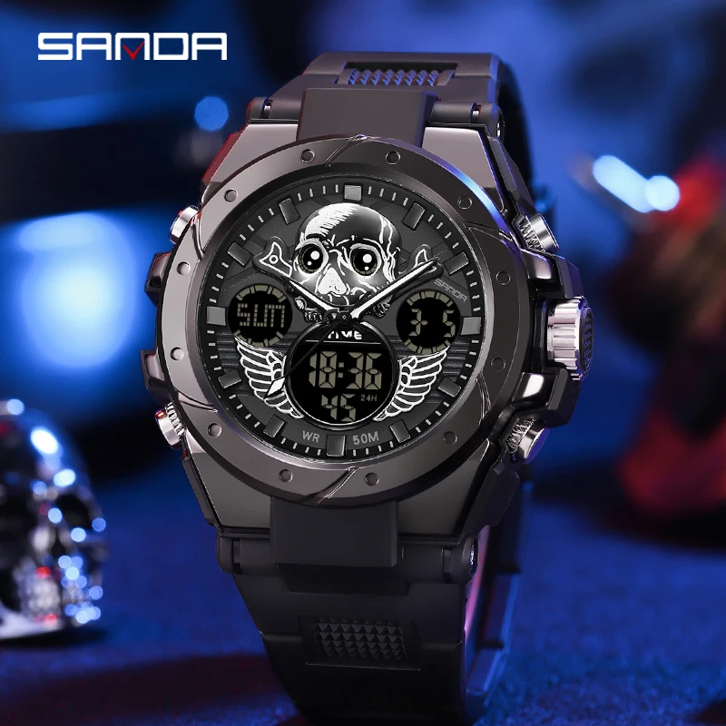 

SANDA Fashion Skull Dial Outdoor Sports Watches Men Electronic Quartz Digital Watch 50M Waterproof Wristwatches reloj hombre