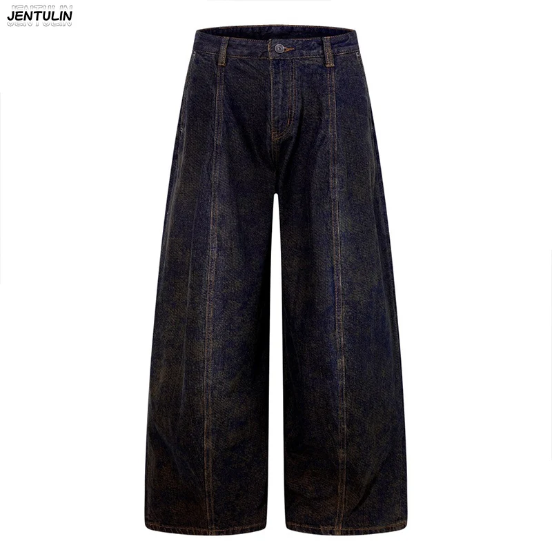 

Американские ретро-джинсы с широкими штанинами и эффектом снежинок, винтажные, с трехмерной сегментацией, с эффектом грязного окрашивания, свободные, в уличном стиле, модные брюки для мужчин