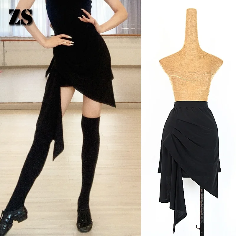 ZS Latin Dance Skirt Irregular Practice Short dress Adult Women Dancing Skirt Cha Rumba Dance Exercise Clothing L27