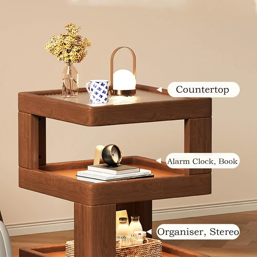 منضدة خشبية حديثة مع رف زجاجي - طاولة جانبية صغيرة لغرفة النوم (21.3 بوصة × 17.7 بوصة × 17.7 بوصة) #4