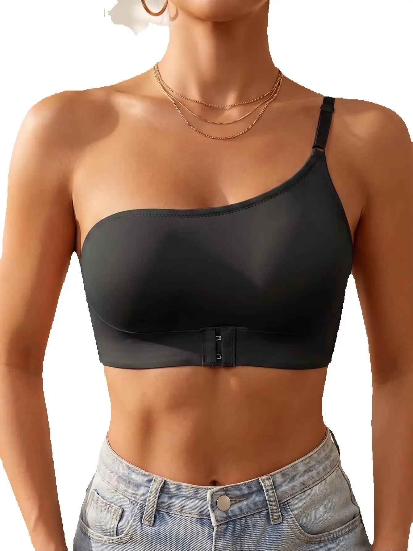 Women's One Shoulder Seamless Bra Front Closure Comfort No Lining Wireless Lingerie view 3