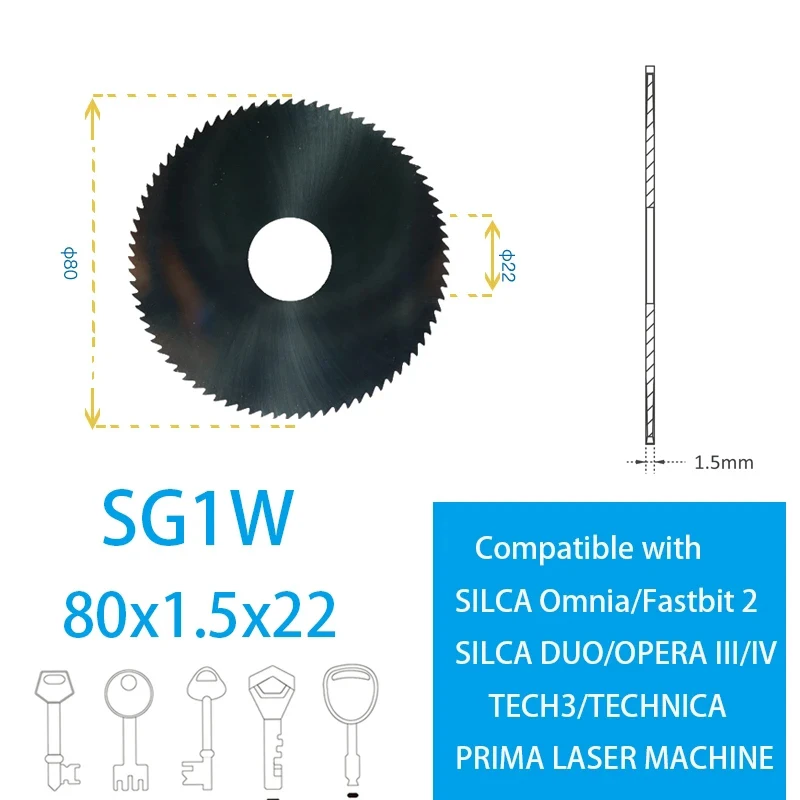 Key Machine Cutter SG1W 80X1.5X22 Flat Slotter for SILCA Omnia Fastbit2 DUO OPERA III IV TARGA TECHNICA PRIMA