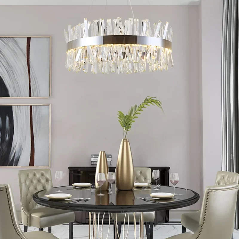 Lustre de cristal redondo cromado moderno para sala de jantar retângulo design cozinha ilha luminárias led lustre