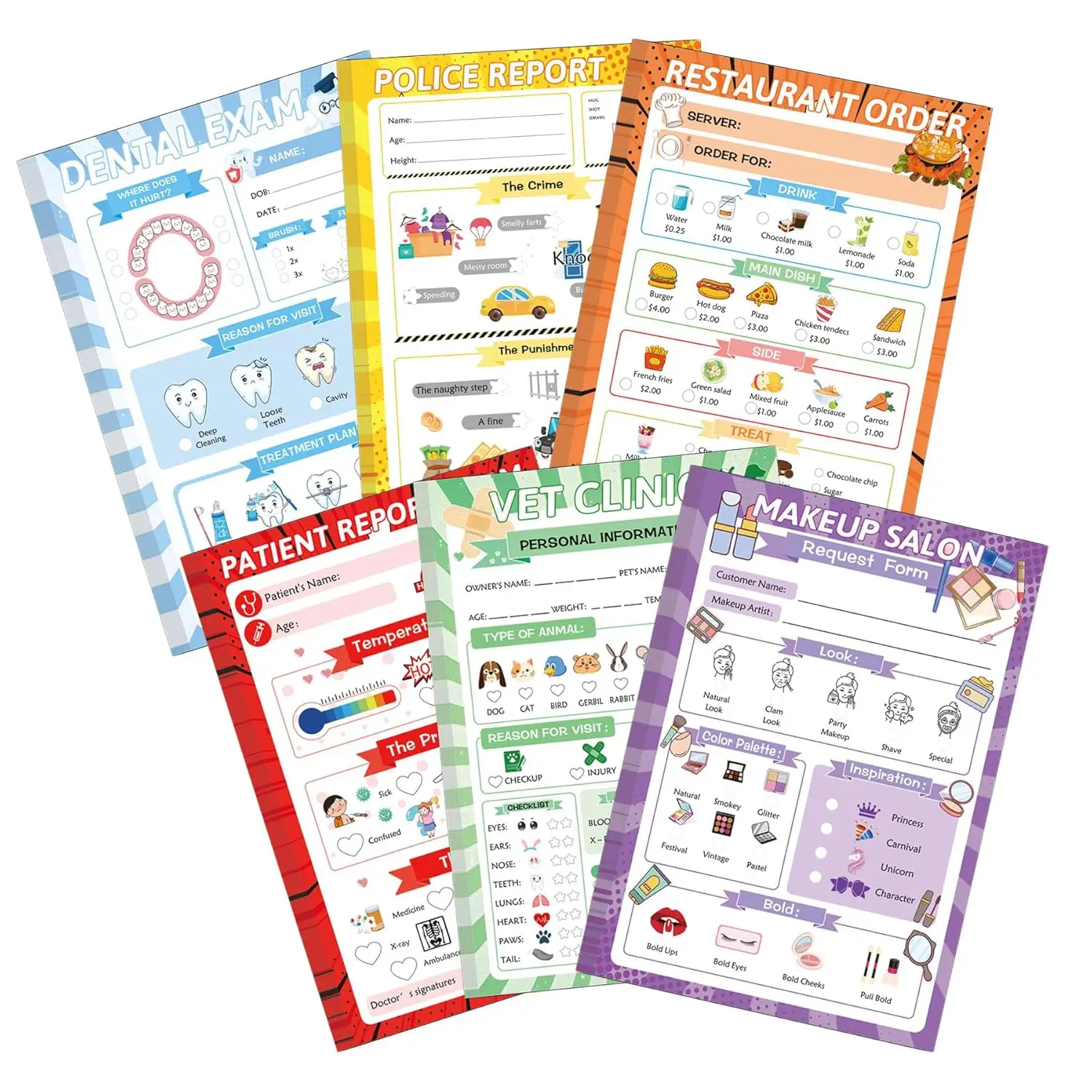 Pretend Play Notepads 6 Pack Playtime Pads Pretend Notebooks Imaginative Role Play Game Notepads for Boys & Girls