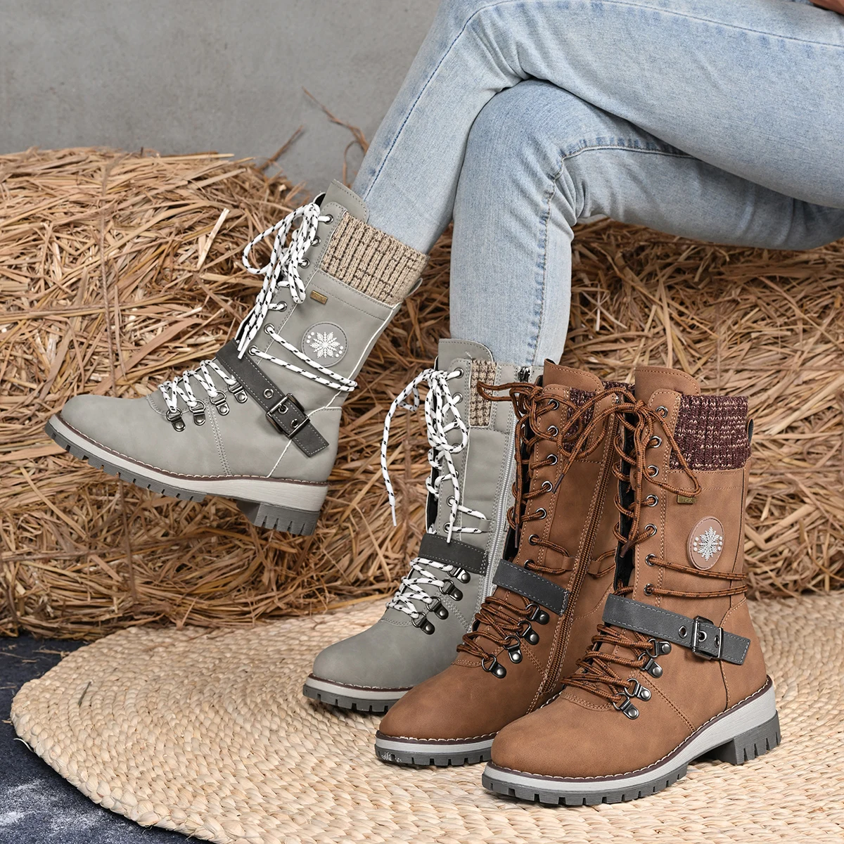 

Winter Women Lace-up Snow Boots Chunky Heel Platform Shoes Women Combat High Thick Sole Warm Cotton Boots Zapatos De Mujer