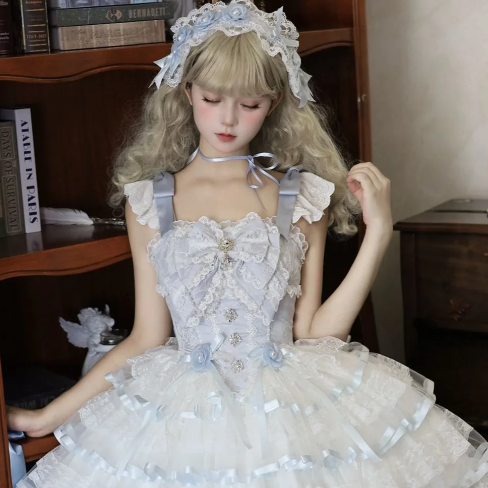 Robes de princesse de fête d'anniversaire, élégantes et douces, Style Ballet, col carré, sans manches, nœud en dentelle, jolie robe bouffante Lolita JSK pour femmes