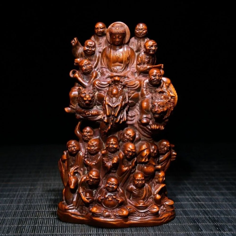 15 CM Tall Eighteen Luohan Buddha Boxwood Figurine Carving Feng Shui Sculpture Live Room Decor