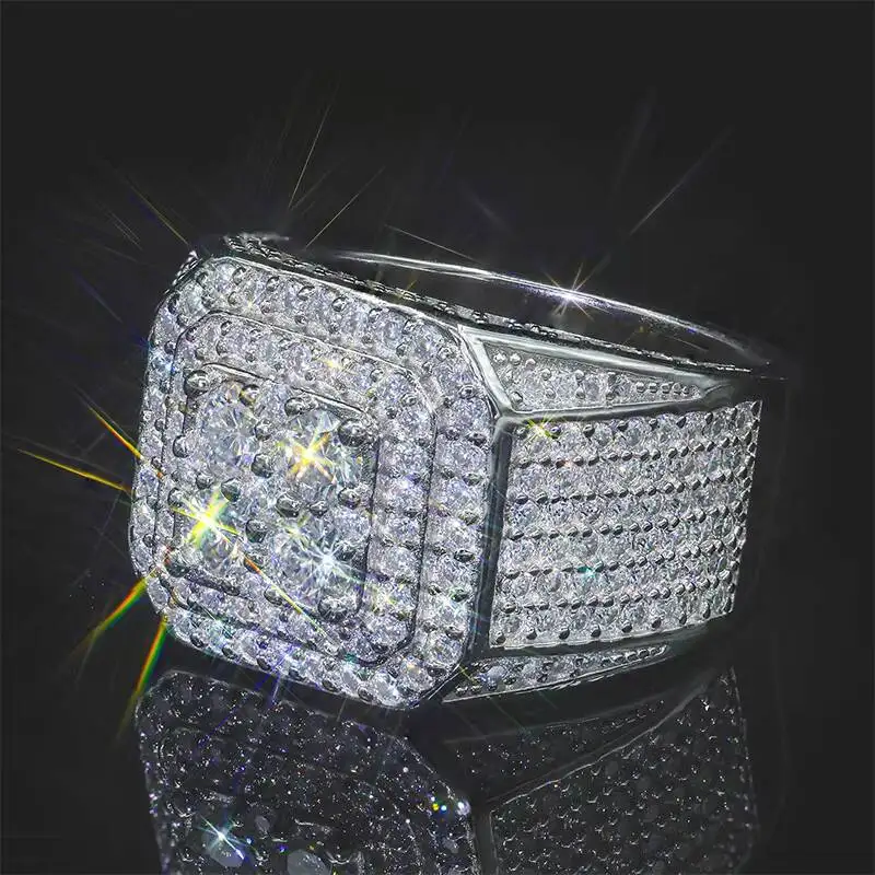 Wholesale Factory Price Moissanite Jewelry 925 Silver Iced Out 2 Row Diamond Cuban Rings Moissanite Hip Hop Ring for Man