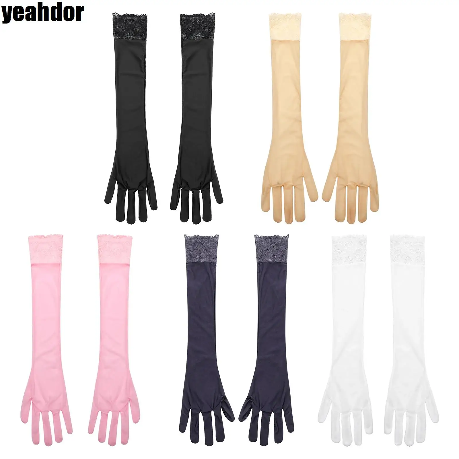 1 Pair Glossy Silky Gloves Anti-slip Lace Openings Over Elbow Length Ultra-thin Gloves Evening Party Costumes Accessories