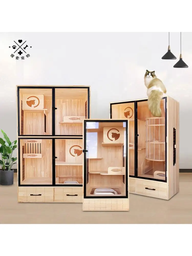 

Super Large Solid Wood Cat Villa Cage Luxury Cat Litter Cabinet Display Shelf Double Three-Layer Climbing Frame for Cats