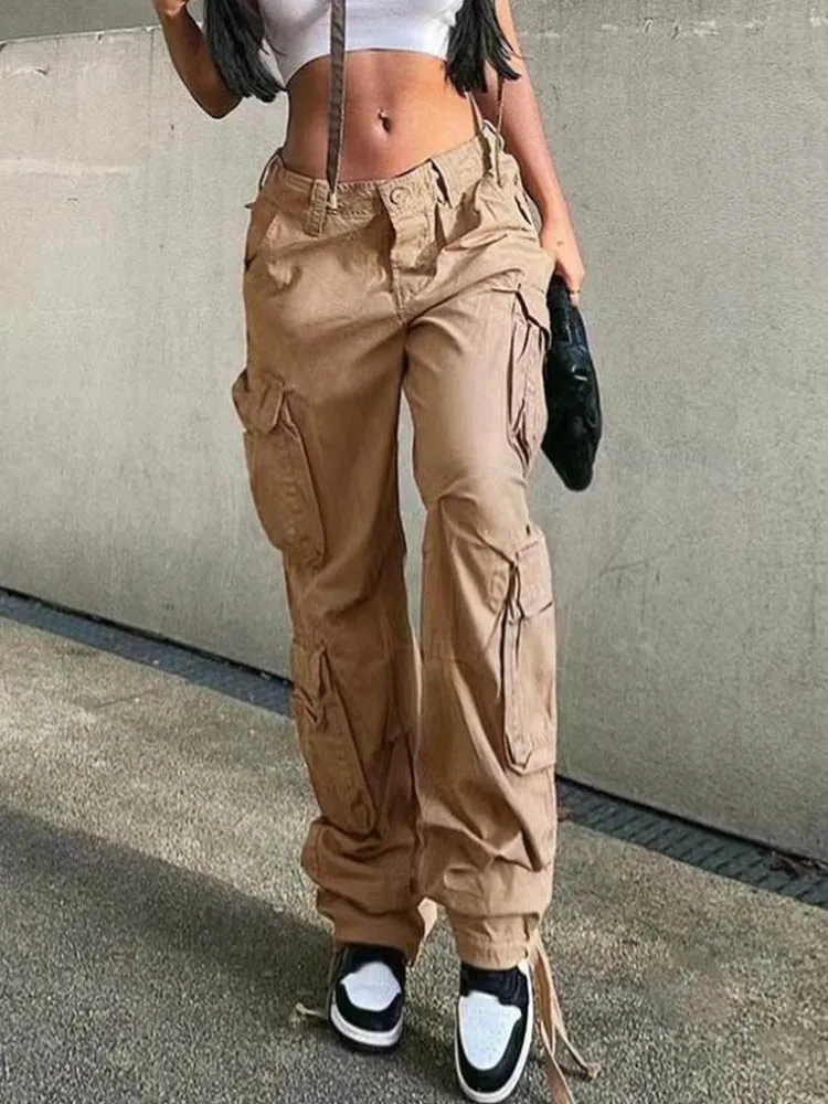 Vintage Cargo Pants Baggy Jeans Women Fashion 90s Streetwear Pockets Wide Leg High Waist Straight Y2k Denim Trousers Overalls