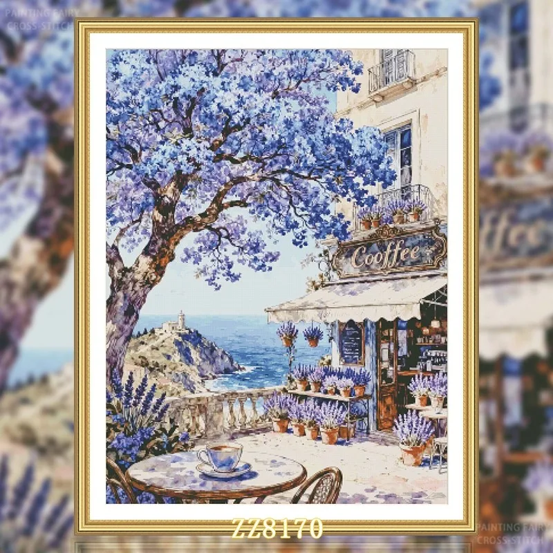 

ZZ8170 - Seaside Cafe 11CT 14CT 16CT 18CT Print On Canvas Cross Stitch DIY Set Kit Needlework Embroidery 103 Colors