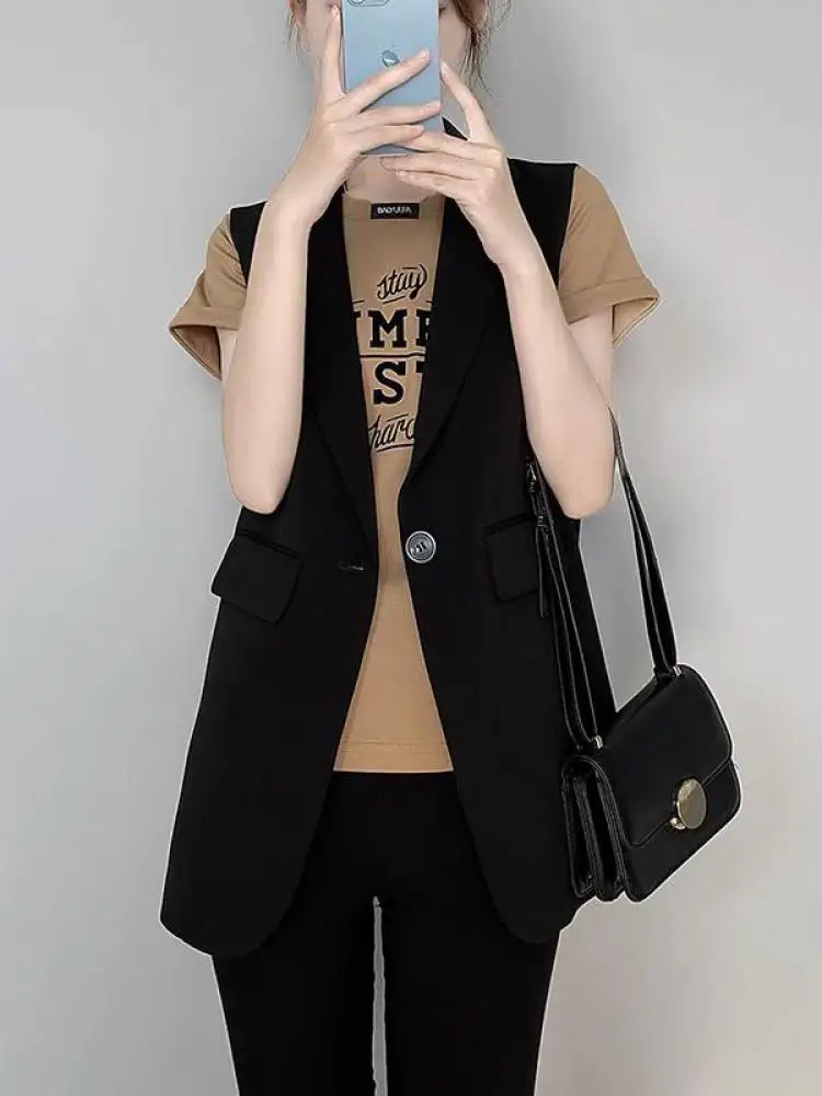 

Весенне-осенний черный, бежевый, элегантный длинный топ на бретелях, женский 2022, коричневый офисный модный пиджак без рукавов на одной пуговице, трендовое пальто