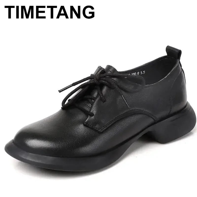 

2025 Retro Oxford Shoes Women Brand Designer Shoes Spring Genuine Leather Lace-up Non-slip Mid Heel Office Female Shoes
