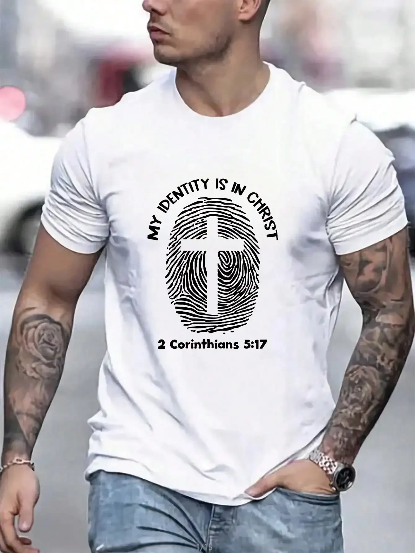 

Men's fingerprint cross pattern loose T-shirt with printed round neck casual short sleeved T-shirt 220g pure cotton