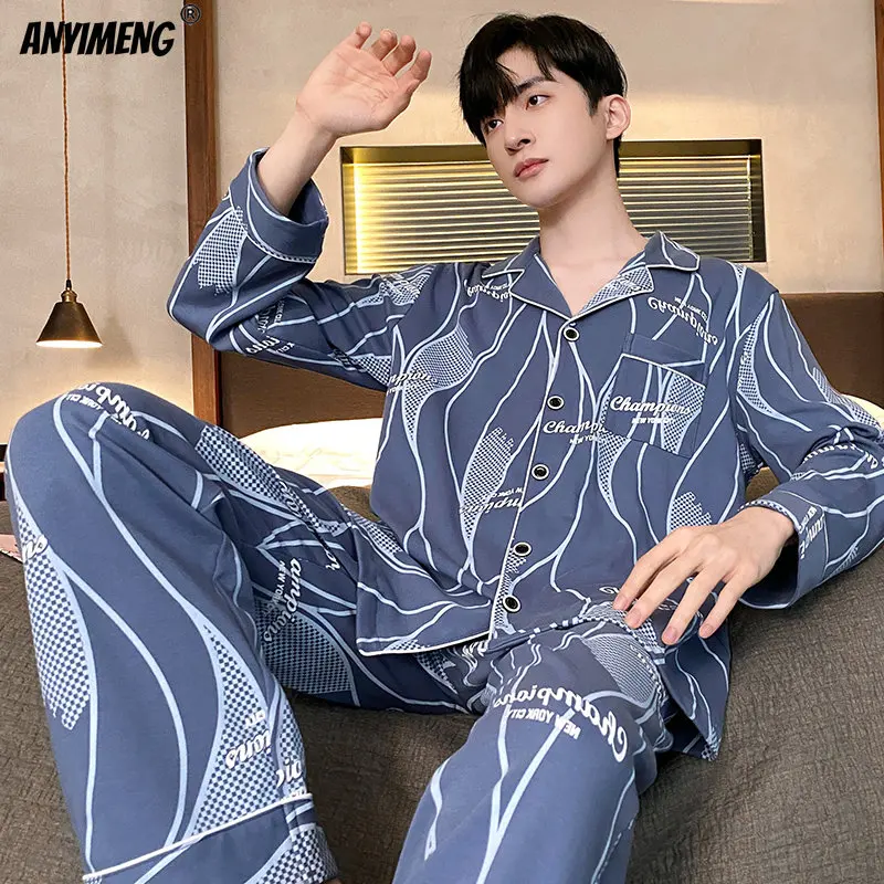 Big Size L-4XL Soft Cotton Pijamas Men Pyjamas Homewear Long-sleeve Casual Sleepwear for Men Homewear Plaid Pajamas Set for Male