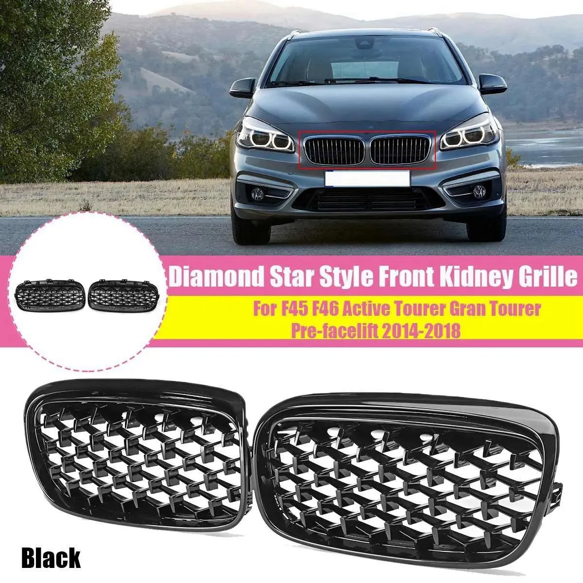 2X Gloss Black Front Kidney Bumper Grille Mesh Diamond for -BMW F45 F46 Active Tourer