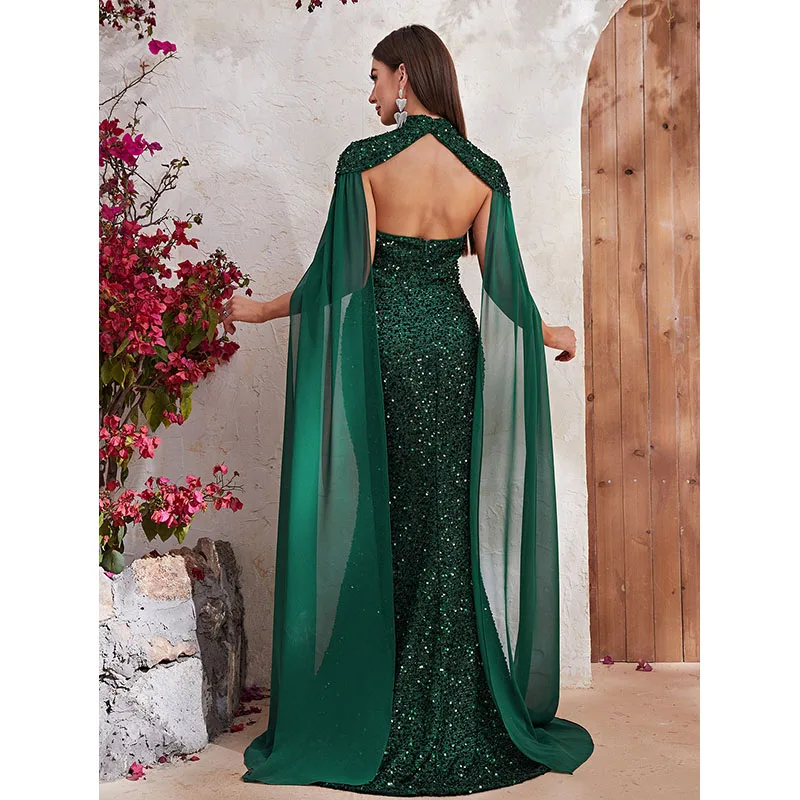 Women Fashion Vestido de festa Halter shawl Strapless Sequined Sexy Backless Cocktail Prom Evening Long Maxi Dress