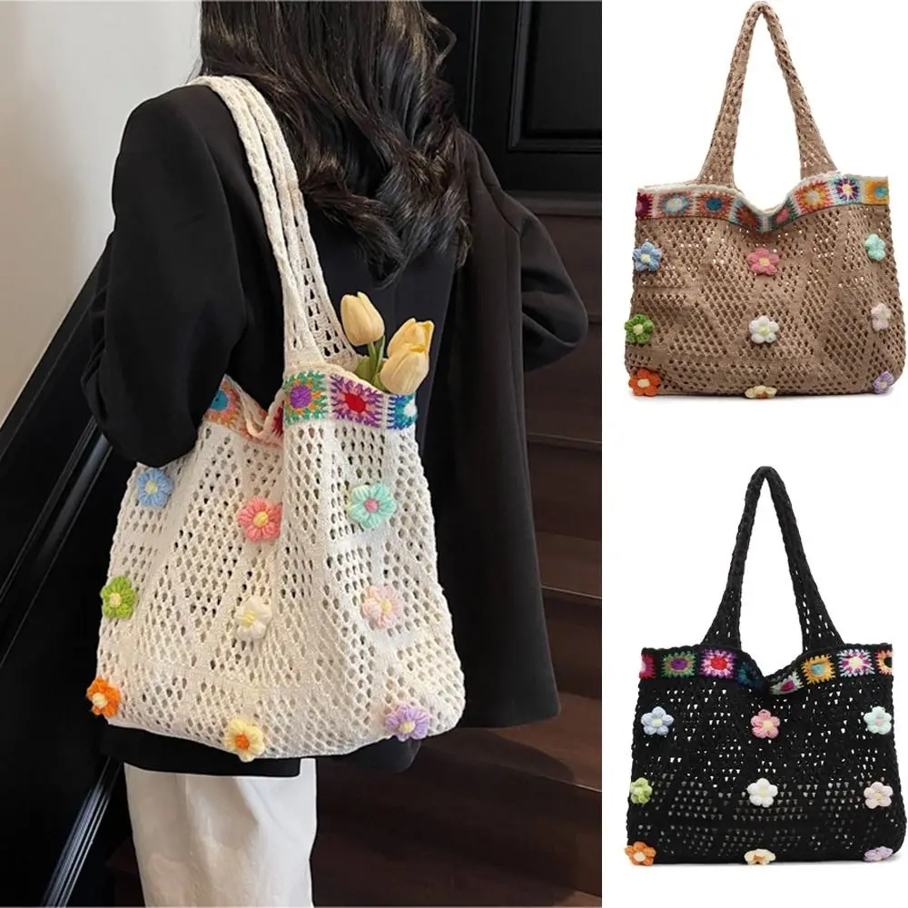 

Hollow Out Crochet Flower Tote Bag Floral Trim Large Capacity Woven Shoulder Bag Handmade Portable Women's Knitted Handbag