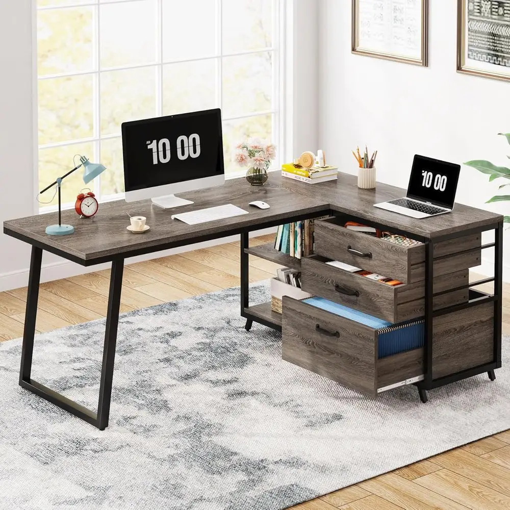 

L-Shaped Desk with 3 Ders, Reversible Home Oice Computer Desk with Shelves, 53-Inch Industrial PC Desk Study Writing Table Works