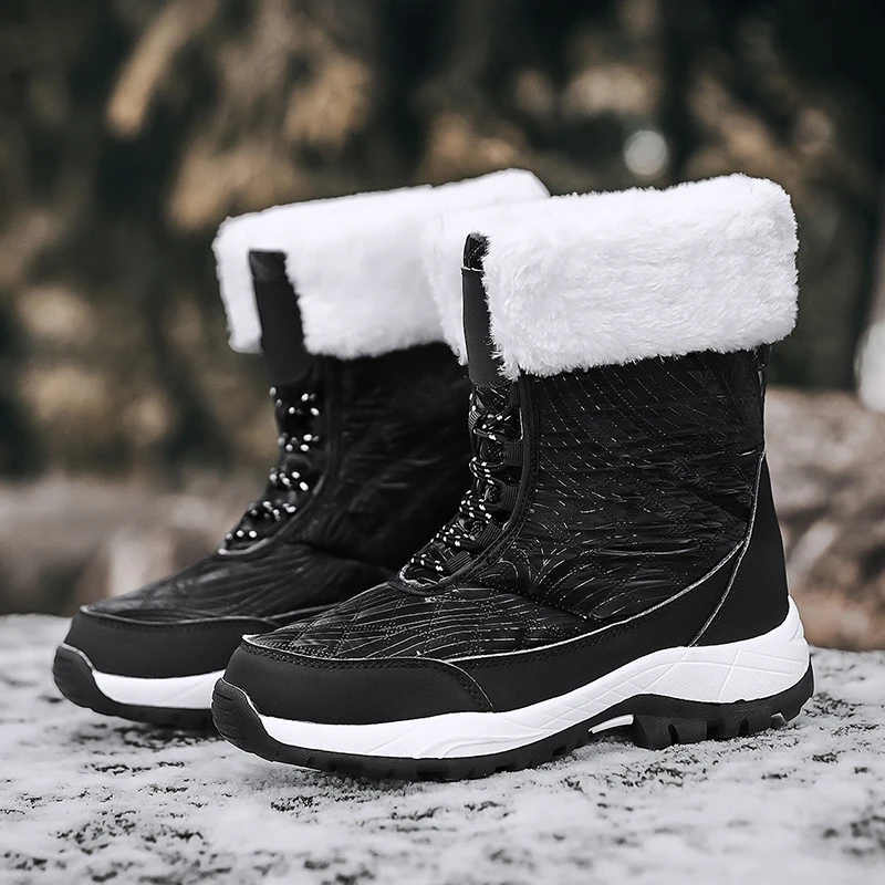 2025 Winter Women Outdoor Boots Trendy Black Hiking Boots Waterproof Snow Boots Female Warm Fur Fashion Boots White Tactical 42