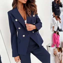 The newly launched fashionable simple long sleeved solid color double breasted exquisite women's suit jacket in 2024