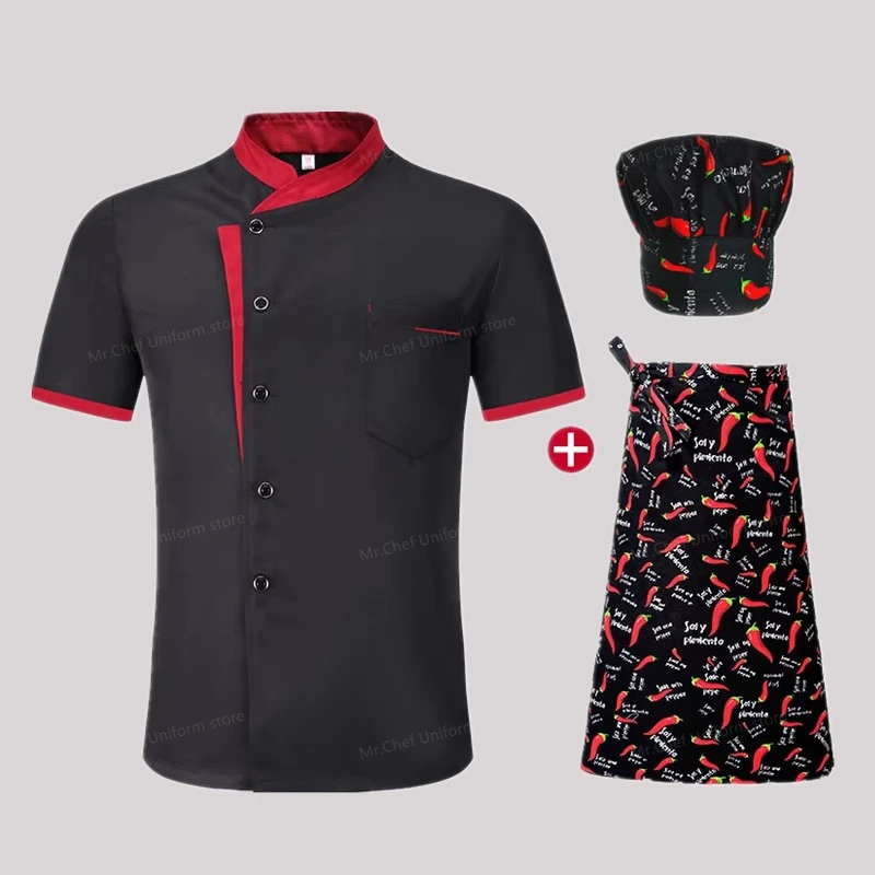 Summer Chefs Short Sleeve Set Restaurant Hotel Kitchen Workwear Men Breathable Thin Chef Jacket Apron chef coat with hat Women