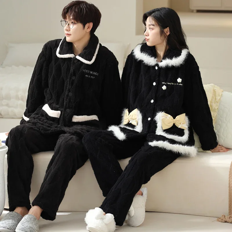 Black Color Sleepwear Winter Warm Couple Pajama Sets Mens Pyjama Loungewear Women Sleepwear Plus Size Trousers Sleepwear Lover