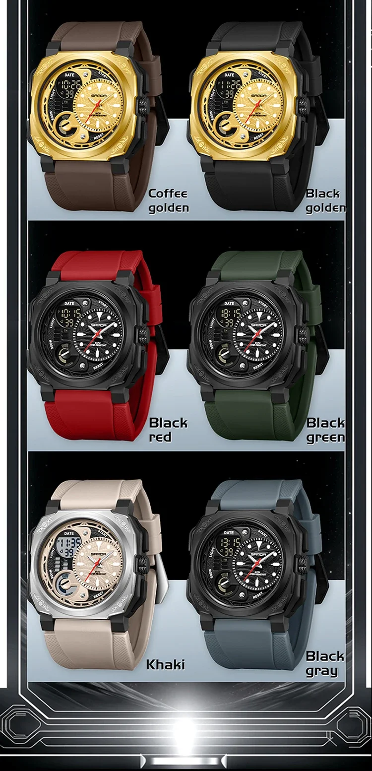 SANDA SD5101 موضة جديدة للرجال ساعة إلكترونية مقاومة للماء للصدمات رياضية مضيئة التقويم الساعات الرقمية للرجل