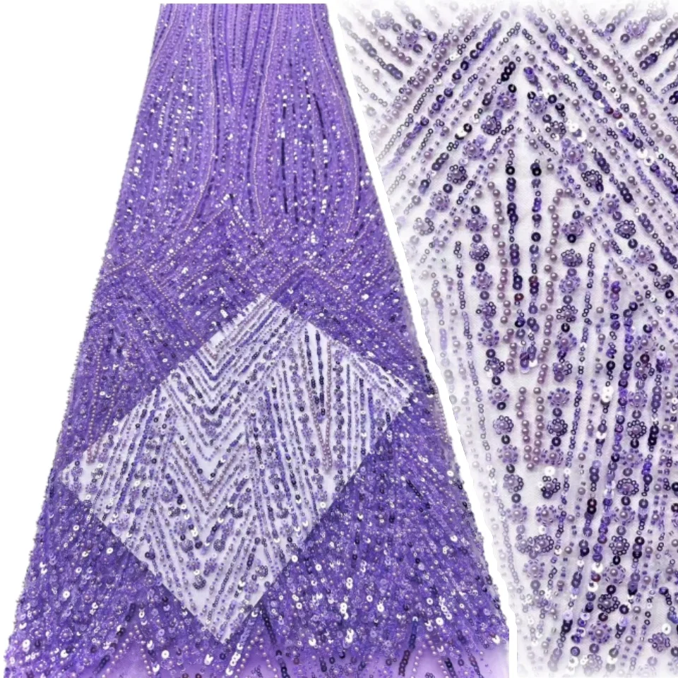 

Purple African Mesh Sequin Lace Fabric 5 Yards Nigerian French Beaded Lace Fabric for Wedding Party Dress Sewing Material CC1358