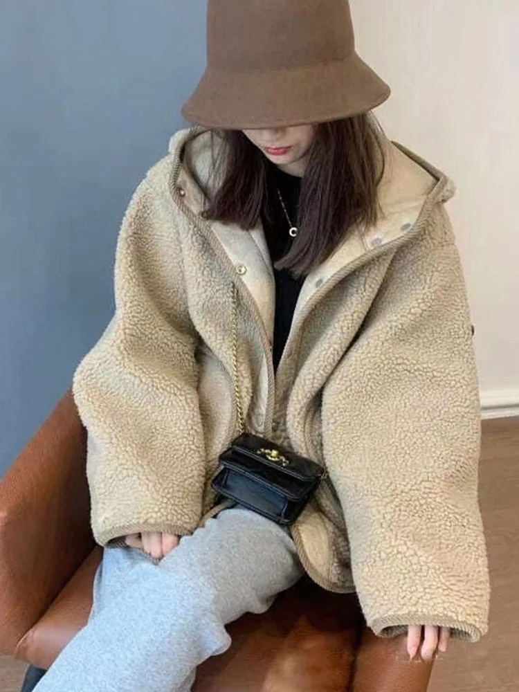 Women Faux Lamb Wool Hooded Loose Cutting Design Warm Plush Fabric Elegant Fashion All-Match Daily Casual Jacket Top