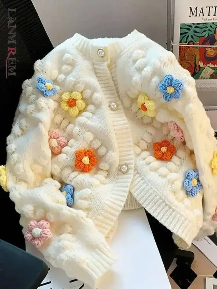 3D Flower Embroidery Knitted Cardigan Women's Long Sleeves Single Braested Contrast Color Sweater Spring Cardigan