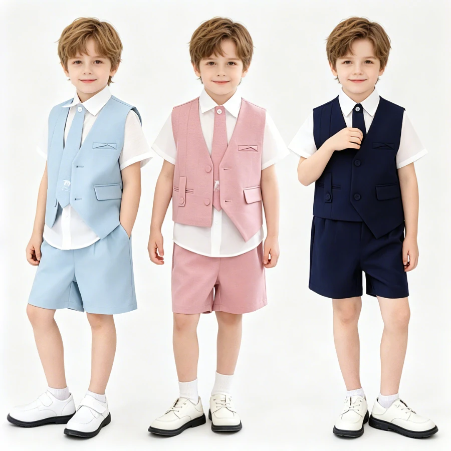 Boys Short Sleeve Vest Suit Set 4Pcs Summer Formal Tuxedo Outfit for Kids Toddlers Wedding Birthday Party Photo Shoot 2-12 Years
