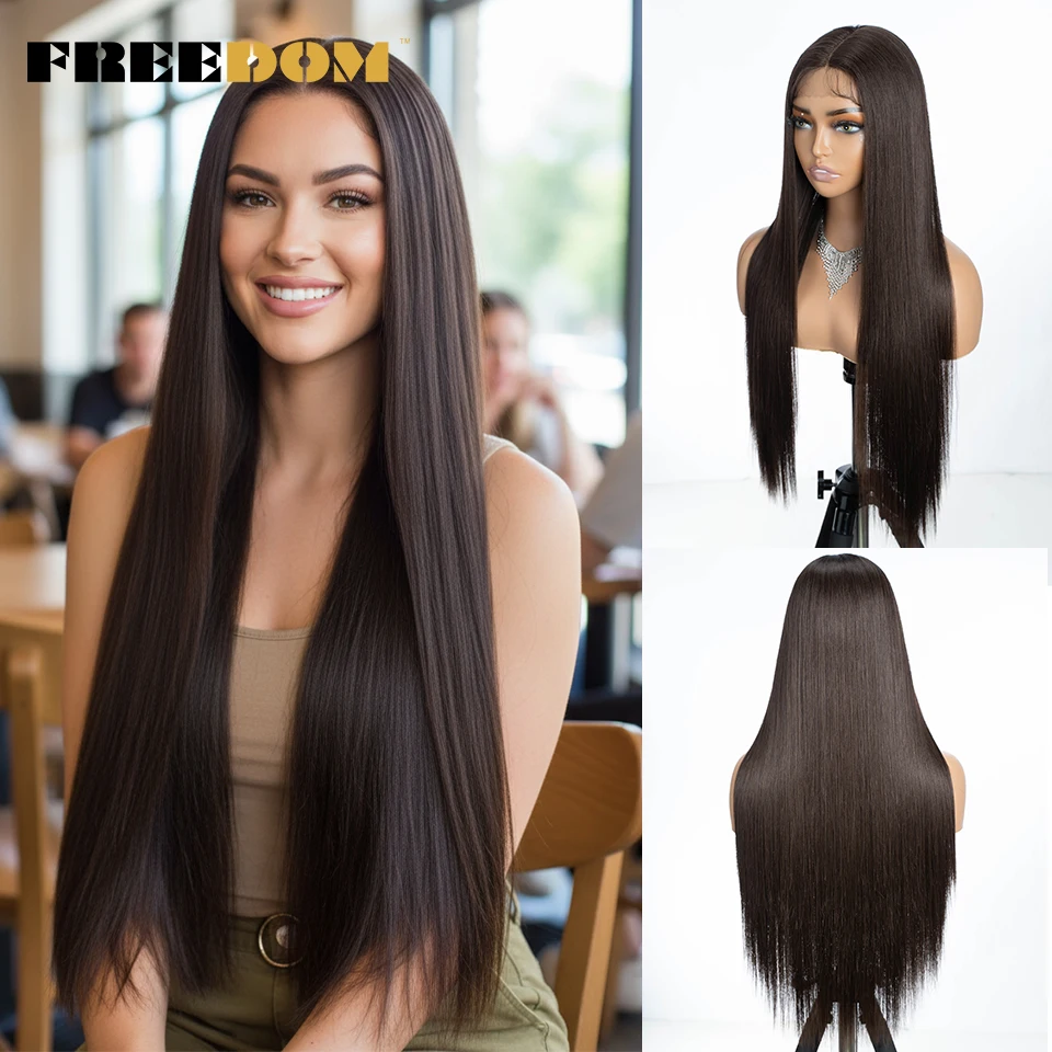 Pelucas delanteras de encaje sintético liso FREEDOM para mujer, peluca de encaje Rubio marrón ombré de 30 pulgadas de largo con pelo de bebé, peluca de Cosplay verde