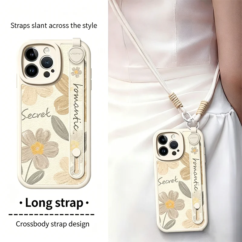 

Wrist Strap Crossbody Oil Painting Flower Phone Case For iPhone 17 16 15 14 13 12 11 Pro Max Soft Shockproof Protective Cover