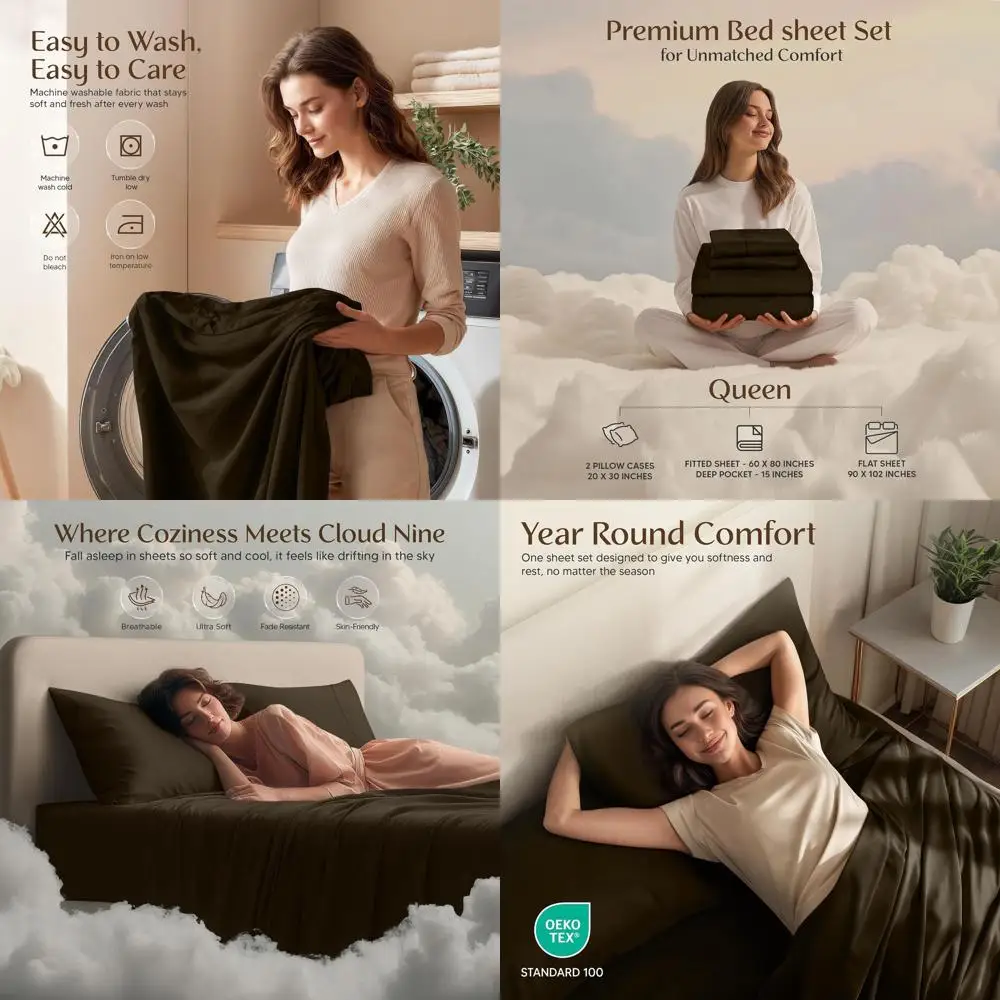 

4-Piece Queen Bedding Set: Soft Microfiber Sheets with Fitted, Flat, and 2 Pillowcases in Brown