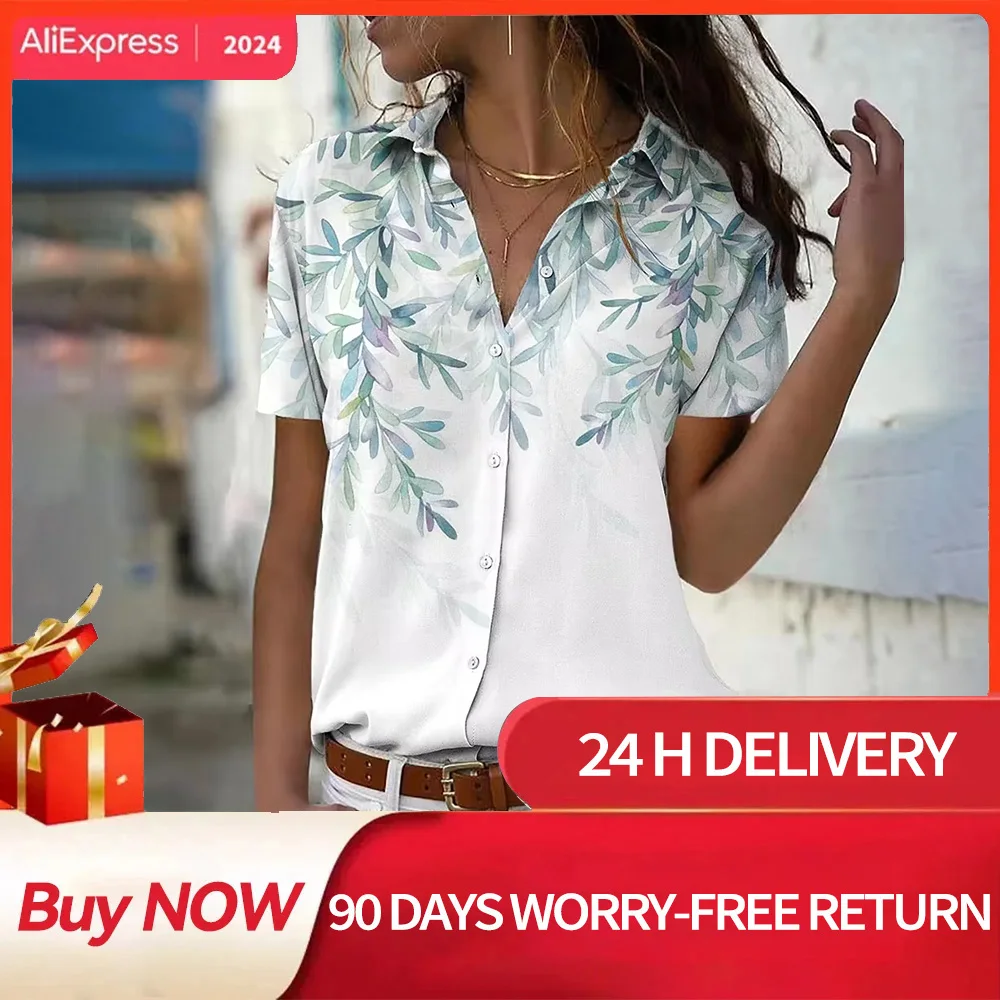 Women\'s Shirt Blouse Elegance Flower Print Shirt,Short Sleeve Casual Fashion Shirt Collar Fit 2024 Spring & Fall Tops 5XL