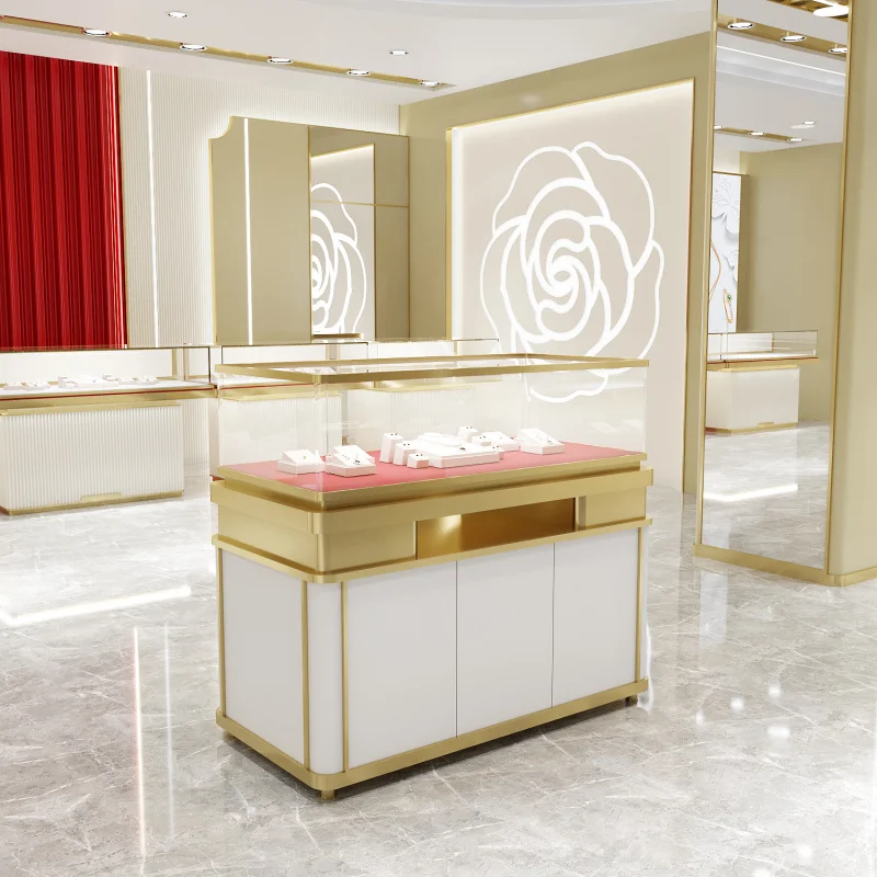 custom.Big mall shop led show design paint wood stand glass luxury store jewelry display showcase light