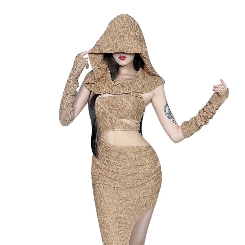 

XS25044 Послеапокалиптическое платье с капюшоном нестандартной формы, сексуальное темное длинное платье в стиле ретро 2025 года с разрезом для женщин