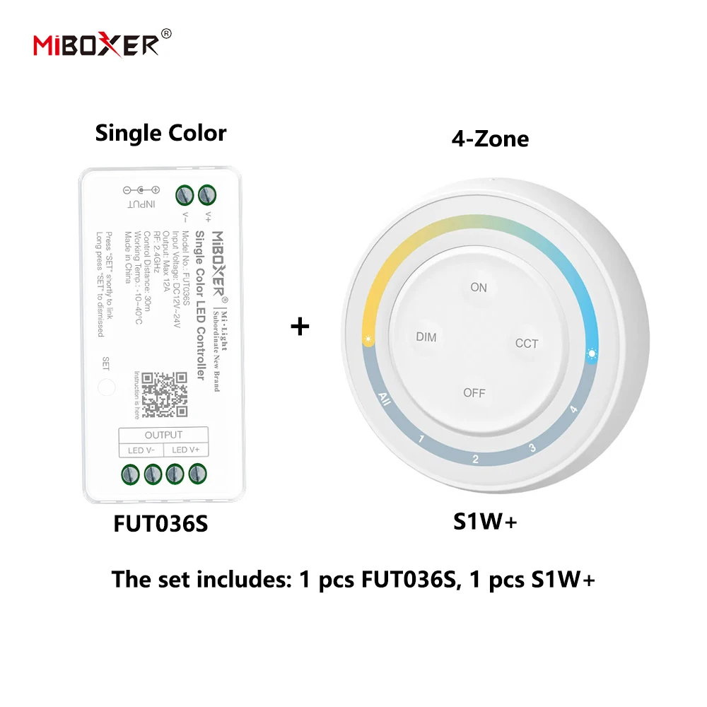 MiBoxer DC12~24V FUT036S+K5/S1W+ 2.4GHzRF Wireless Single Color 12A/Channel LED Controller For Single Color COB/Led Strip Light