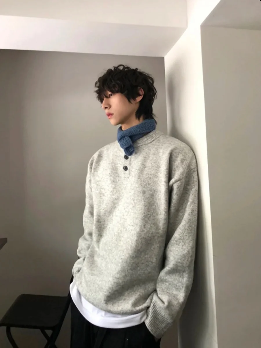 

American Retro Versatile Heavyweight Light ey Henry Collar Button round Ne Knitted Sweater Men Lazy Sle Open Cardigan