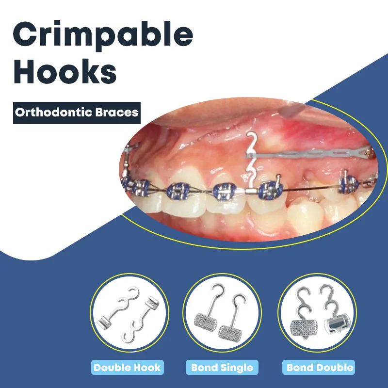 Gancio crimpabile ortodontico da 10 pezzi sui fili dell\'arco ganci lunghi dentali incollabili con pulsante linguale tubo buccale