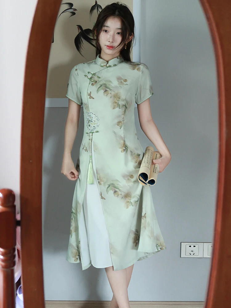 

Новое женское летнее платье-ципао с вышивкой цветами груши, китайский стиль, двухслойное, с цветочным кружевом, миди