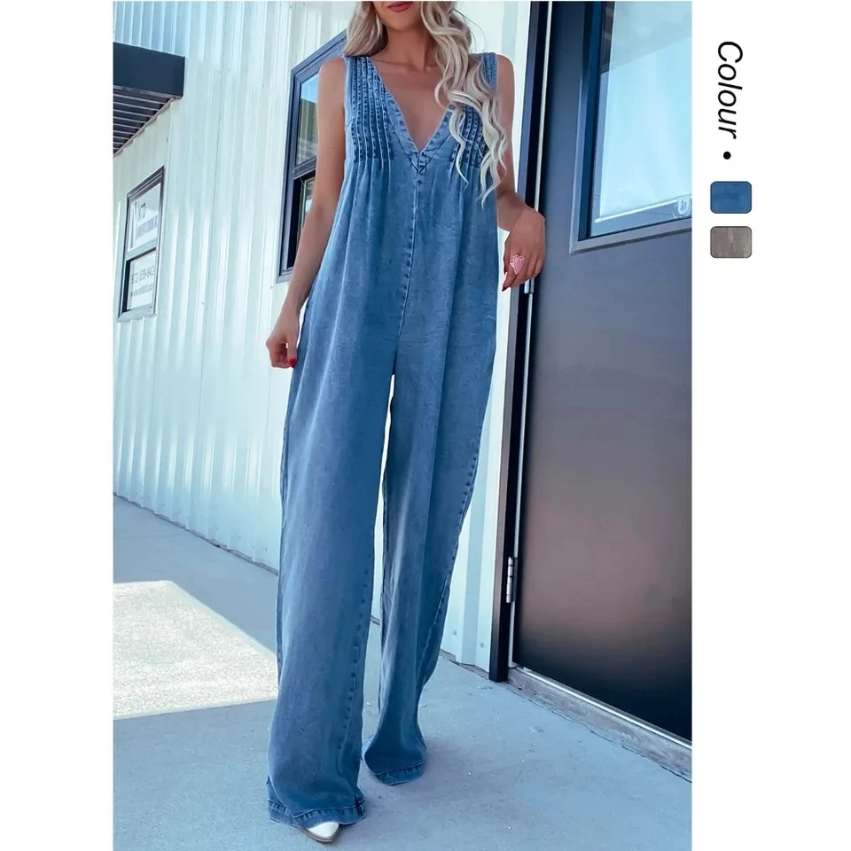 

Sleeveless Denim Jumpsuit Women 2025 Fashionable Women's V-neck Sleeveless Sexy Backless Washed Jumpsuits