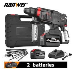 NANWEI 21v Electric drill Heavy Cordless Rotary Impact Hammer Concrete Breaker drill with Portable Tool Storage Box