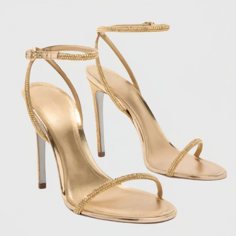 Gold Metallic Rhinestone Thin Ankle Strap Stiletto Sandals Open Round Toe High Heels Elegant Luxury Wedding Party Dress Shoes