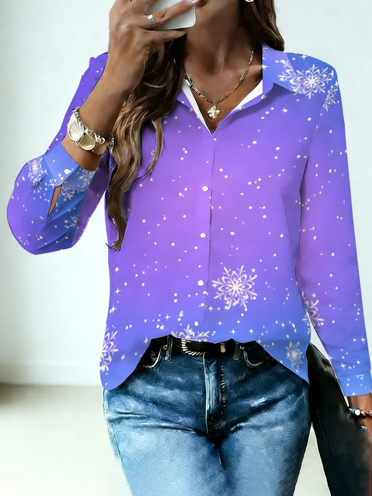 Minimal Frost Snow Star Womens Collared Shirt Gradient Purple Blue Base White Snowflake Allover Print Long Sleeve Gentle Winter