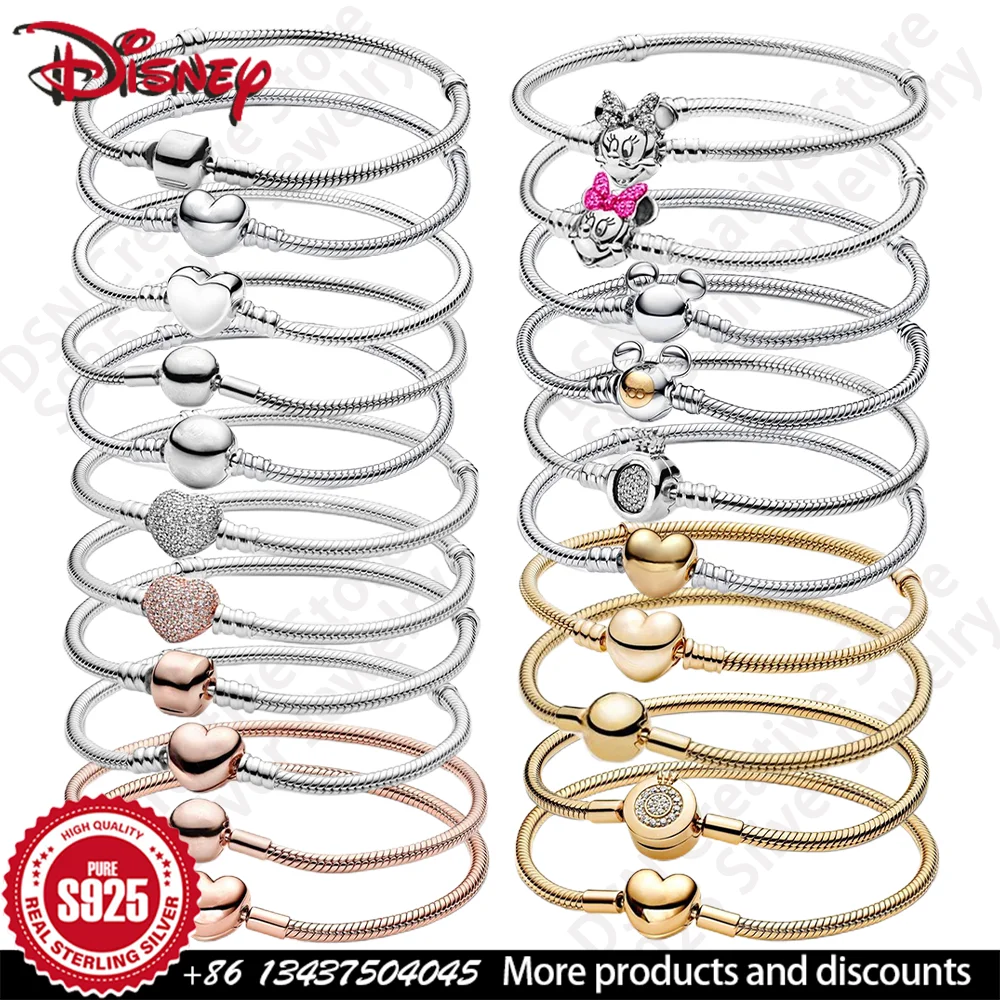 

S925 Silver Women's Snake Bone Chain Bracelet Classic Mickey Minnie and Heart Design, Suitable for DIY Matching Party Wear