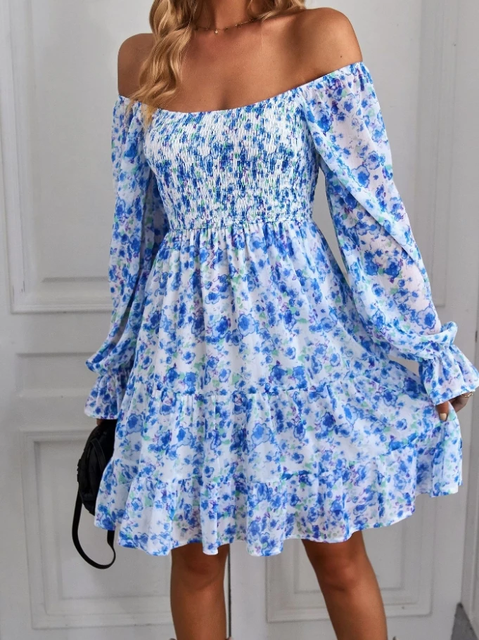 Sweet Women's Summer Dresses Fashion Bohemian Print Off Shoulder Lotus Edge Long Sleeved High Waist Chiffon A-Line Midi Dresses