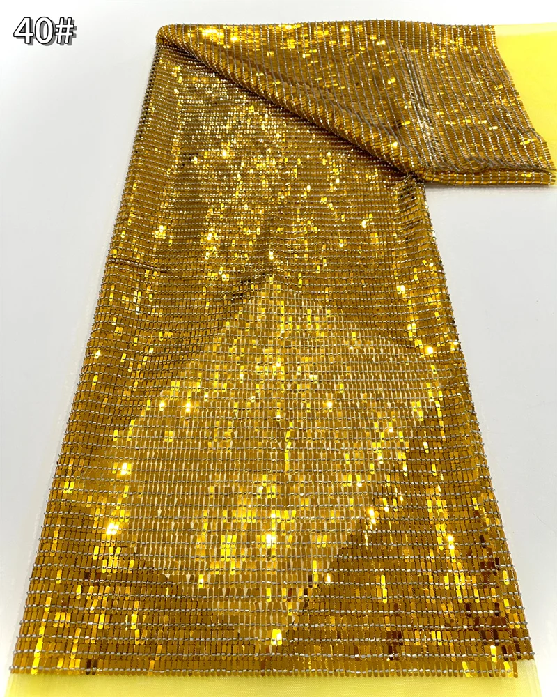 

African Heavy Beads Gold Tulle Lace Fabric 2025 High Quality Lace French Luxury Sequins Beaded Lace Fabric For Wedding Dress
